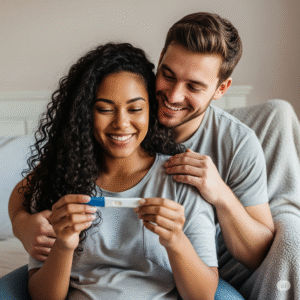 pasangan bahagia melihat hasil test pack positif
